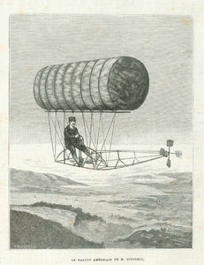 Original antique print  19th  century Hot air balloon, Hot Air Balloon, Heissluft Ballon, Montgolfiere, Globo aerostatico, Mongolfiera, "Le Ballon Americain De M. Mitchell"  Wood engraving published 1878. 