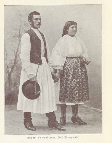 Original antique print  Hungary, Traditional Costumes, "Ungarische Landleute"  Wood engraving made after a photograph 1906. the image is on a page of text (in German) about Hungary that continues on the reverse side.