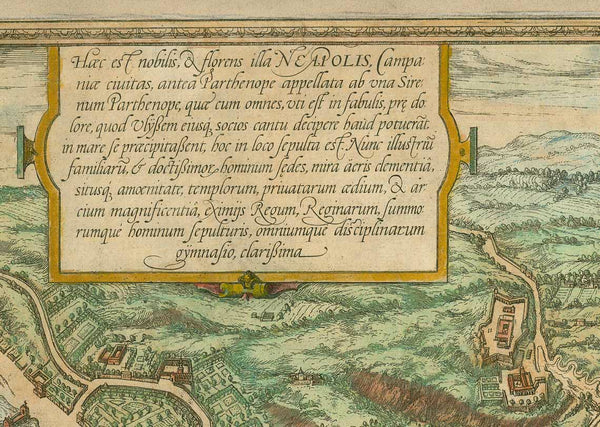 "Haec est nobilis &amp; florens illa Napolis, Campaniae civitas antea Parthenope..."

Italy, Naples, Napoli,&nbsp;

(This is the nobel and flourishing city of Naples, a city in Campania formerly called Parthenope...)

Copper etching. Original hand coloring.

Published by Georg Braun (1541-1622) and Franz Hogenberg (1535-1590) in "Civitates Orbis Terrarum", 1572.&nbsp;

Original antique print
