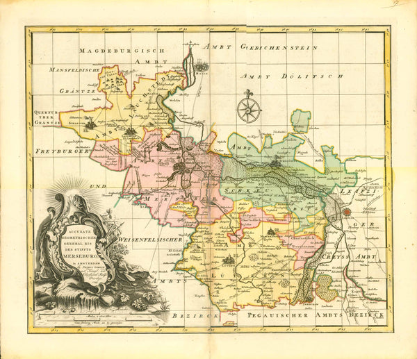 "Accurate Geometrischer General Ris des Stiffts Merseburg"

&nbsp;Germany, Alemania, Merseburg, Sachsen-Anhalt

For a 30% discount enter MAPS30 at chekout&nbsp;

Wunderschön altkolorierte Kupferstichkarte

von Petrus Schenk jr. (1693-1775)

Amsterdam, datiert 1745

Sehr detaillierte und dekorative Karte des südlichen Teils von Sachsen-Anhalt mit dem Verlauf der Saale von Dalitz bis Halle und der Gegend um Leipzig.

Links unten barocke Titelkartusche.