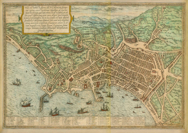 "Haec est nobilis &amp; florens illa Napolis, Campaniae civitas antea Parthenope..."

Italy, Naples, Napoli,&nbsp;

(This is the nobel and flourishing city of Naples, a city in Campania formerly called Parthenope...)

Copper etching. Original hand coloring.

Published by Georg Braun (1541-1622) and Franz Hogenberg (1535-1590) in "Civitates Orbis Terrarum", 1572.&nbsp;

Original antique print