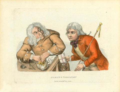 Original antique print    Caricatures, Finance, Money, Avarice, Dissipation, Greed "Averice & Dissipation"  Copper etching with original hand color.  By Tim Bobbin, pseudonym for John Collier (1708-1786)  Published in "Human Passions Delineated". London, 1810 - 
