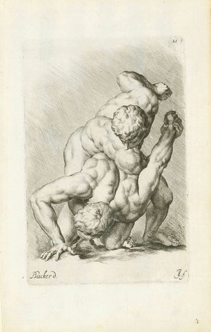 Antique print, The Wrestlers - Die Ringer  Copper etching by Jan de Bisschop (1628-1671) of this famous group of two wrestling nude men. The marble group after which this copper etching was made, is exhibited in the Uffizi in Florence.  Published in "Signorum veteran Icones (Bisschop)"  Nr. 21 of series  Amsterdam, 1668  Statue in Uffizi Florence  Original antique print  