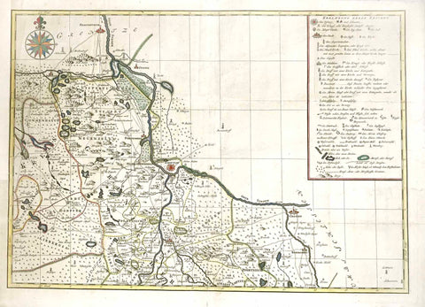 Original antique map, Der Oderlauf von Crossen bis Frankfurt an der Oder. Sowie die ca. 40 km Boberlauf bis zur Mündung in die Oder bei Crossen. Von den beiden Flußläufen westlich gelegenes Land bis Linie Mühlrose / Oberspreewald. Der schlesische Teil der Karte blanko.&nbsp;

Altgrenzkolorierte Kupferstichkarte. Monogrammiert: J.V.J. Keine Titelkartusche, keine weiteren Hinweise auf Autor und Ort des Herausgebers. Erklärungen rechts in deutscher Sprache. Ca. 1750