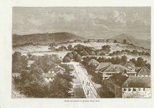 Original antique print  Africa, Sierra Leon, Freetown, "Strasse und Casernen in Freetown, Sierra Leone"  Wood engraving published 1874. On the reverse side is some text about Africa's West Coast.
