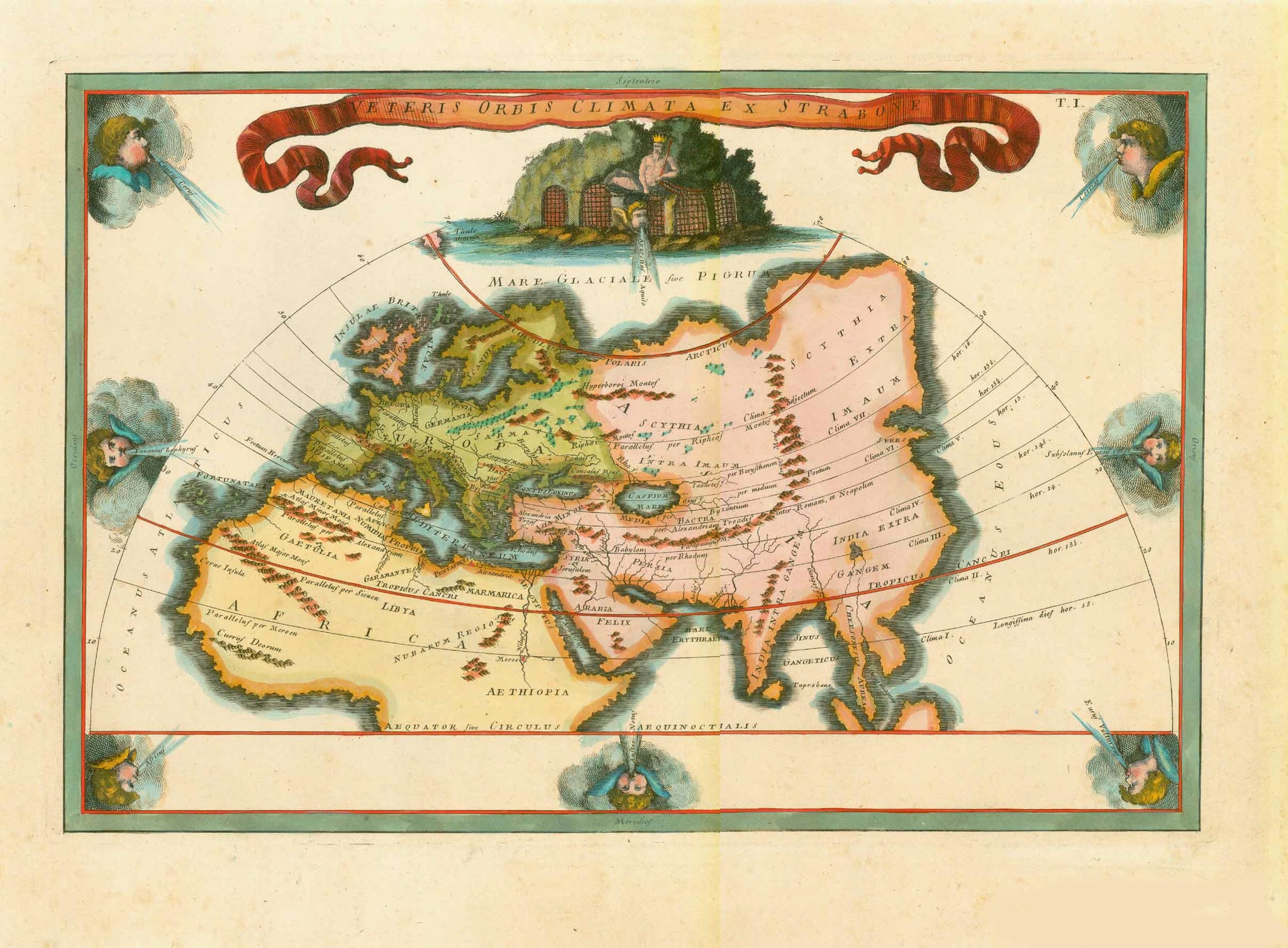 "Veteris Orbis Climata ex Strabone"

For a 30% discount enter MAPS30 at chekout&nbsp;

Copper etching with finely executed hand coloring.

Published in an atlas following the map published by Cellarius (Christoph Keller 1638-1707) in his Ancient Geography", ca. 1730

The Strabo map was published in various versions, often smaller than this one, and sometimes without the angel heads blowing wind.

This map published ca. 1750
