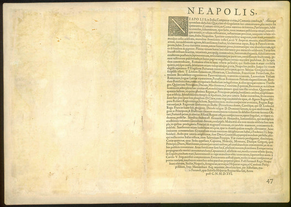 "Haec est nobilis &amp; florens illa Napolis, Campaniae civitas antea Parthenope..."

Italy, Naples, Napoli,&nbsp;

(This is the nobel and flourishing city of Naples, a city in Campania formerly called Parthenope...)

Copper etching. Original hand coloring.

Published by Georg Braun (1541-1622) and Franz Hogenberg (1535-1590) in "Civitates Orbis Terrarum", 1572.&nbsp;

Original antique print