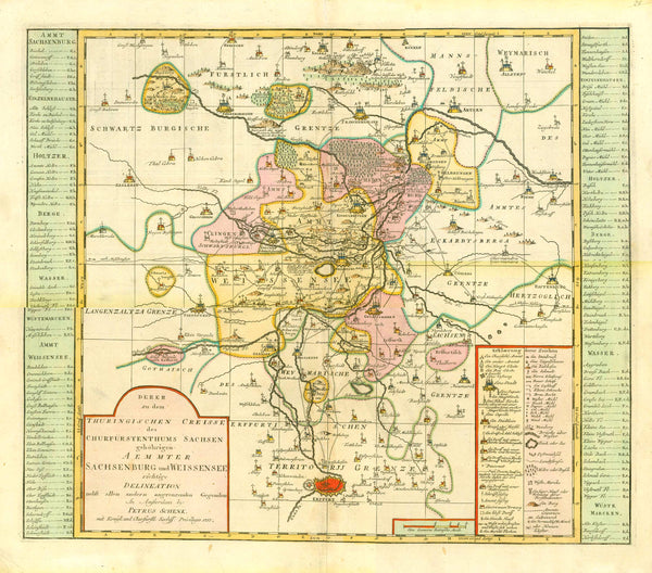 "Derer zu dem Thuringischen Creisse des Churfürstenthums Sachsen gehöhrigen Aemter Sachsenburg und Weissensee richtige Delineation nebst allen andern angrenzenden Gegenden. In Amsterdam by Petrus Schenk Privilegie 1753"

Altkolorierte Kupfertstichkarte

von Peter Schenk Jr. (1693-1775)

Amsterdam, 1753

Bestens erhaltene, detaillierte, wunderschön altkolorierte Karte von Weissensee und Sachsenburg und ihrer Umgebung. Die Karte reicht im Norden bis zum Kyffhäuser, im Osten bis Rastenberg, im Süden bis Erfurt