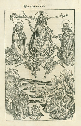 Original antique print  of the nuremberg Chronicle, Final Judgement - Das juengste Gericht  Jesus Christ with lily and sword, Savior of Souls, flanked by Mother Mary and Saint John, announcing the Final Judgment.  At bottom the separation between those who enter heaven, passing the gate to heaven under the watchful eyes St. Peter and those who are, hellbound, awaited by the devil.  Type of print: Woodcut  Published in: Nuremberg Chronicle , Nuremberg, 1493 