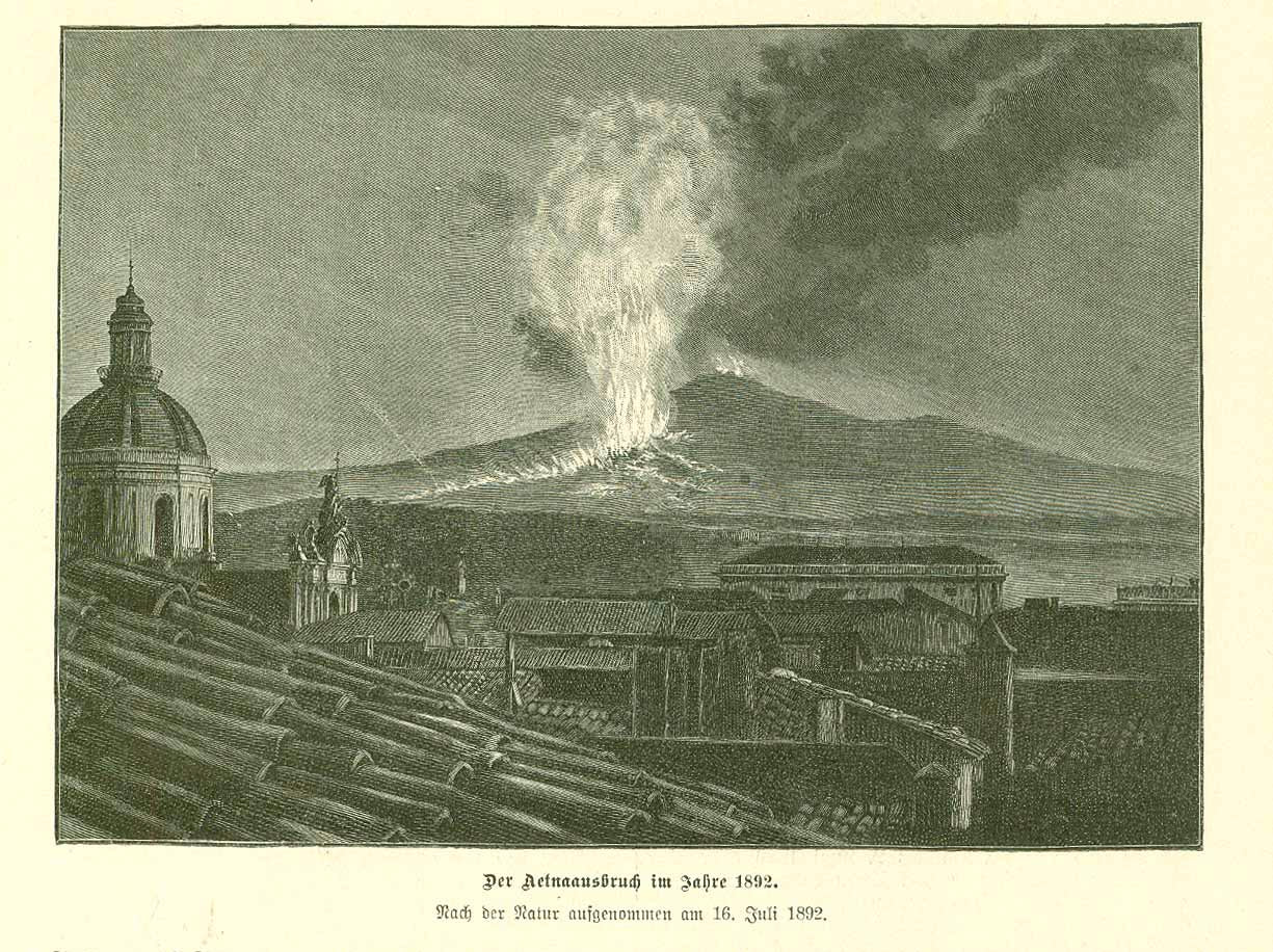 Volcanos, City Views, Italy, Sicily, Etna  "Der Aetnaausbruch im Jahre 1892"  Wood engraving after a drawing made on July 16, 1892.  On the reverse side is a small map of the region affected by the 1892. eruption.  Original antique print