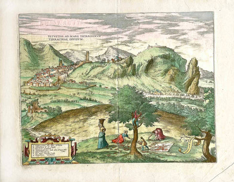 Antique print, Terracina. - "Vetrustiss. Ad Mare Thyrrenum Terracinae Oppidum"  (Terracina, city near the Thyrranean Sea)  Decorative copper engraving with very attractive original hand coloring  Published in "Civitates Orbis Terrarum". Vol IV. Page 54. Latin edition. (Verso Latin text)  By Georg Braun (1542-1622) and Frans Hogenberg (1536-1588)  Cologne, 1588.