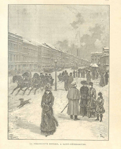 Original antique print  of "La Perspective Newsky, A Saint-Petersbourg"  Zincograph published ca 1890. On the reverse side is text about Russian history.