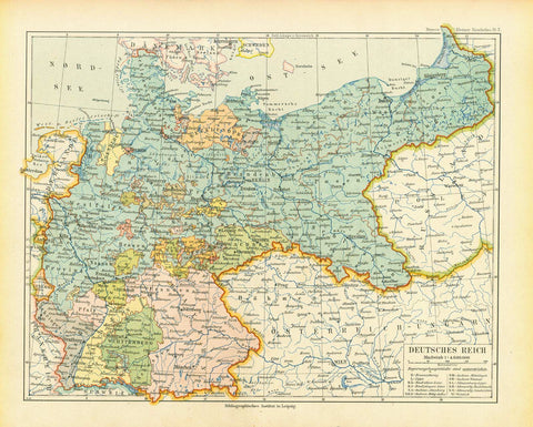 Original antique map, 19th century, Germany, "Deutsches Reich"  Historical map of Germany published 1892 in Leipzig. 