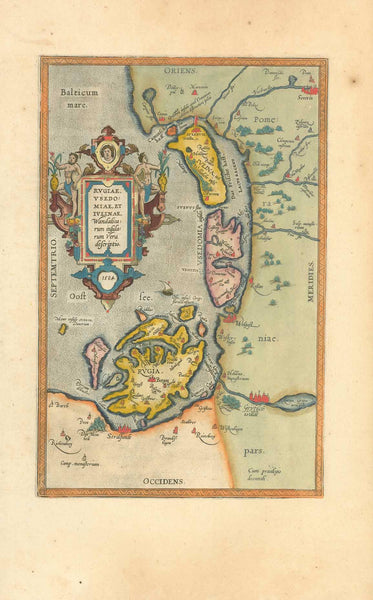 Original antique map of Germany, Rügen, Usedom, Juliae Wandalicarum, Ortelius, "Rugiae, Usedomiae, et Juliae Wandalicarum insularum Vera descriptio"  Fine map by Abraham Ortelius dated 1584.