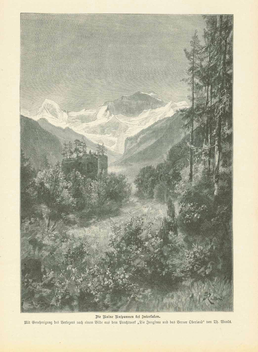 "Die Ruine Unspunnen bei Interlaken"  Switzlerland  Wood engraving published ca 1880.  Original antique print