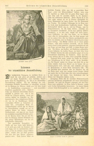 Upper left image: "Feradsche" aeltere Form" Lower right image: "Frauen in laendlicher Tracht im Yeldirma"  "Moderner Strassenanzug: "Feradsche"  The images are on a page with an article titled " Reformen der Islamitischen Frauenkeidung". More of the article and one image on the reverse side. Publshed ca 1880.  Original antique print  