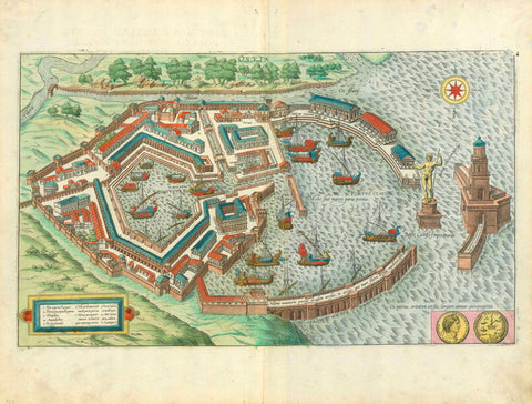 "Ostia". Areal view of Rome's mighty antique harbor.  Lower left: Cartouche with explanatory text  Lower right: Gold coins showing portrait of Emperor Claudius, port of Ostia areal view.  On the reverse side is article in Latin about Ostia.  Splendid copper engraving with very attractive original hand coloring. Margins with traces of age and use.  Published in "Civitates Orbis Terrarum". Vol IV. Page 53. Latin edition.  By Georg Braun (1542-1622) and Frans Hogenberg (1536-1588)  Cologne, 1588  