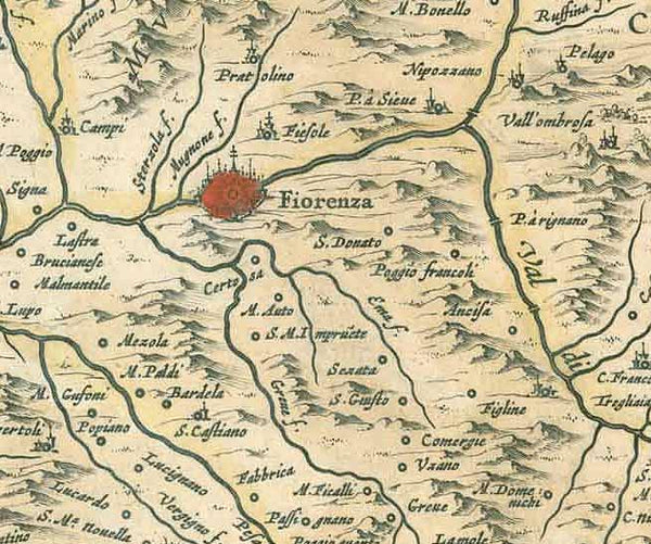 Antique Map of Florence, "Domino Fiorentino". Copper etching by Ioannes Janssonius (1588-1664). Published ca 1630 in Amsterdam. Original hand coloring.  For a 30% discount enter MAPS30 at chekout (=532$)  In the center is the red dot showing the location of Florence. In the upper left is La Spezia in Liguria. The coast reaches as far south as Piombino and Buriano at the lower middle of the map. Above the cartouche is the Chianna River and the Lago Trasimeno - then known as Lake Perugia. 