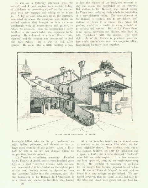 Original antique print  "In The Great Courtyard, La Verna"  *****  4 separate pages of the article "A Memorable Visit To La Verna" by Edwin Bale. He illustrated the article with 7 images, 2 which are shown above.