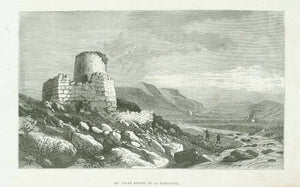 Original antique print  Sardegna Italy, "Le Tours Rondes De La Sardaigne" One of the very few prints ever made of a Nuraghe ( also Nuraga)  Wood engraving published 1878. On the reverse side is unrelated text.