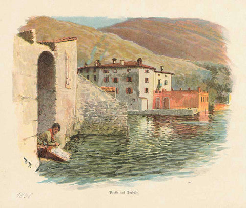 Original antique print  of Torbole, Italy, "Partie aus Torbole" (Gardasee)  Chromolithograph published 1898. 