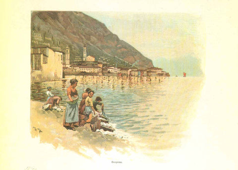 Original antique print  of Gargano Italy, "Gargano" (Gardasee)  Chromolithograph published 1898.