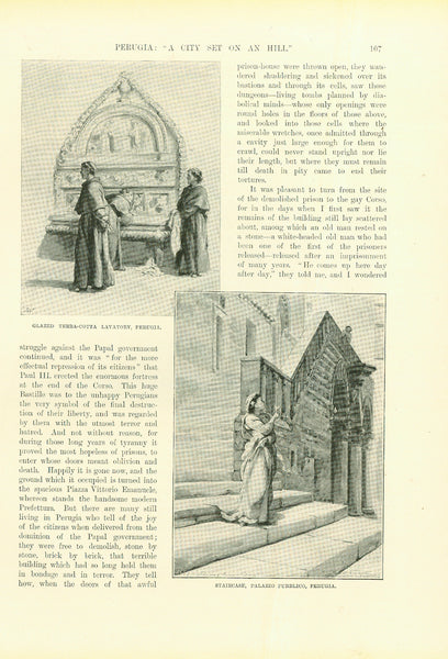 &nbsp;"Perugia: "A City Set On An Hill"  3 Separate page article with six wood engravings showing various scenes of the city.  The article was written by Mrs. Frank W. W. Topham and  illustrated by F. W. W. Topham. Published ca 1890. Article describes a visit to Perugia in 1870.  Original antique print