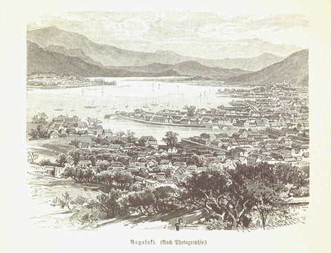 Original antique print , of City Views, Japan, Nagasaki, "Nagasaki"  Wood engraving made after a photograph and published 1895. Below the image and on the reverse side is text about Nagasaki and Japan. Light, natural age toning.