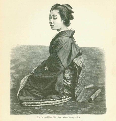 Original antique print  Peoples, Japan, Japanese Girl "Ein japanisches Maedchen" (a Japanese girl)  Wood engraving made after a photograph 1895.