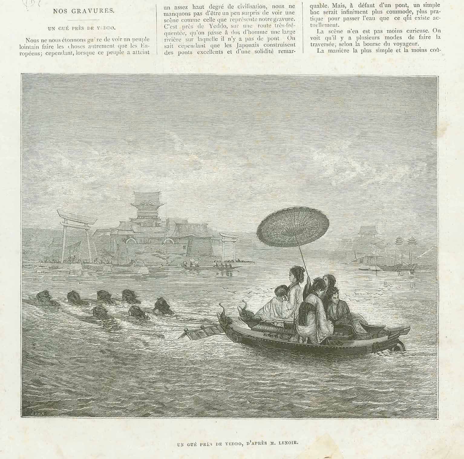 Original antique print  Tokyo, "Un Gue Pres De Yeddo"  Interesting print showing a group of swimmers pulling a boat of passengers near Yeddo (Tokyo)  Wood engraving published 1878. 