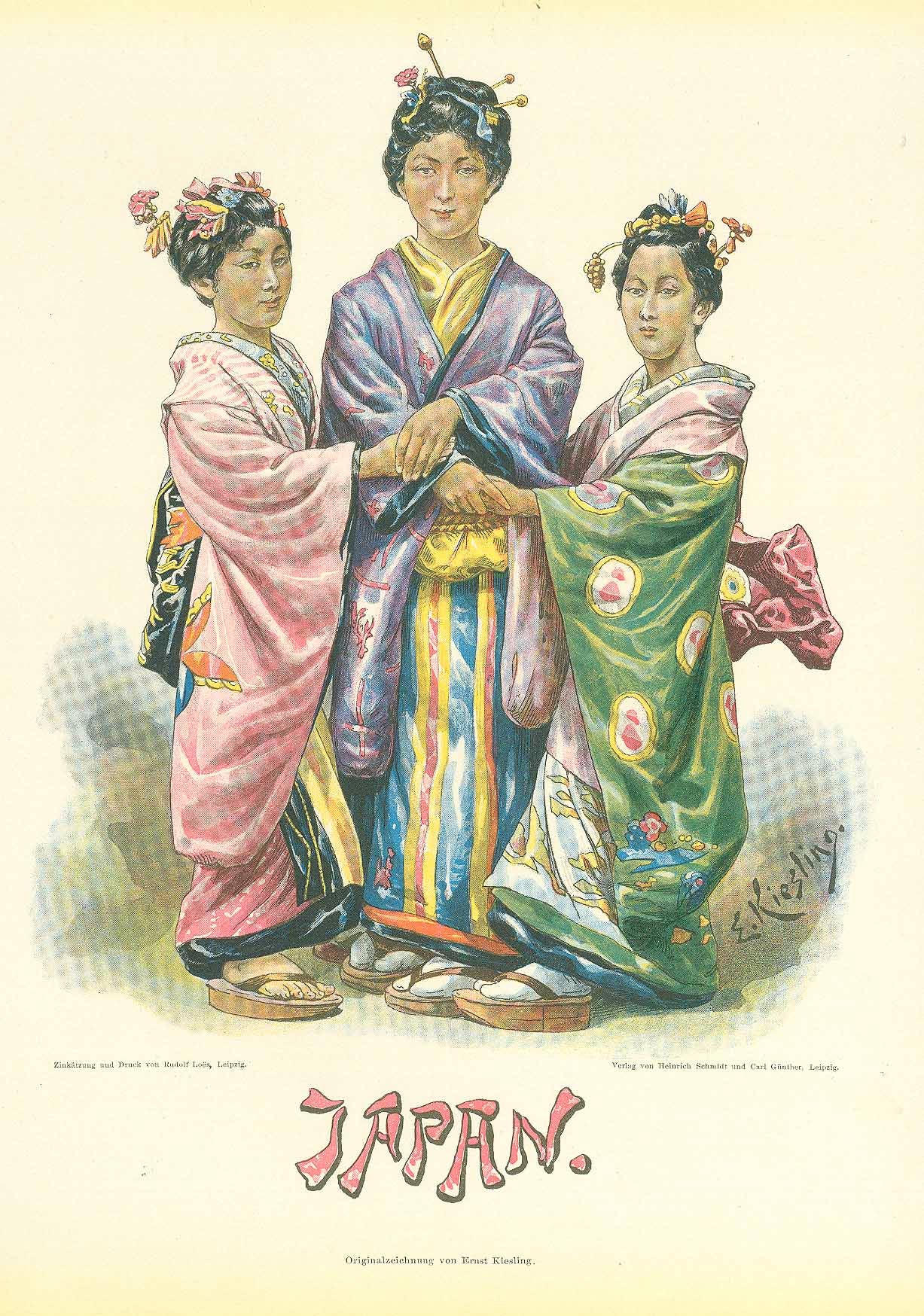 "Japan" - Japanese Women

Zincograph printed in color ca 1885.

Original antique print&nbsp;&nbsp;

After the original drawing by Ernst Kiesling.

