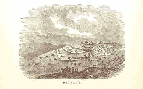 Original antique print  od Betlehem, Bethany, "Bethany"  6.5 x 9 cm ( 2.5 x 3.5")  Page with image of Bethlehem on one side and Bethany on the other side.  Published 1879.