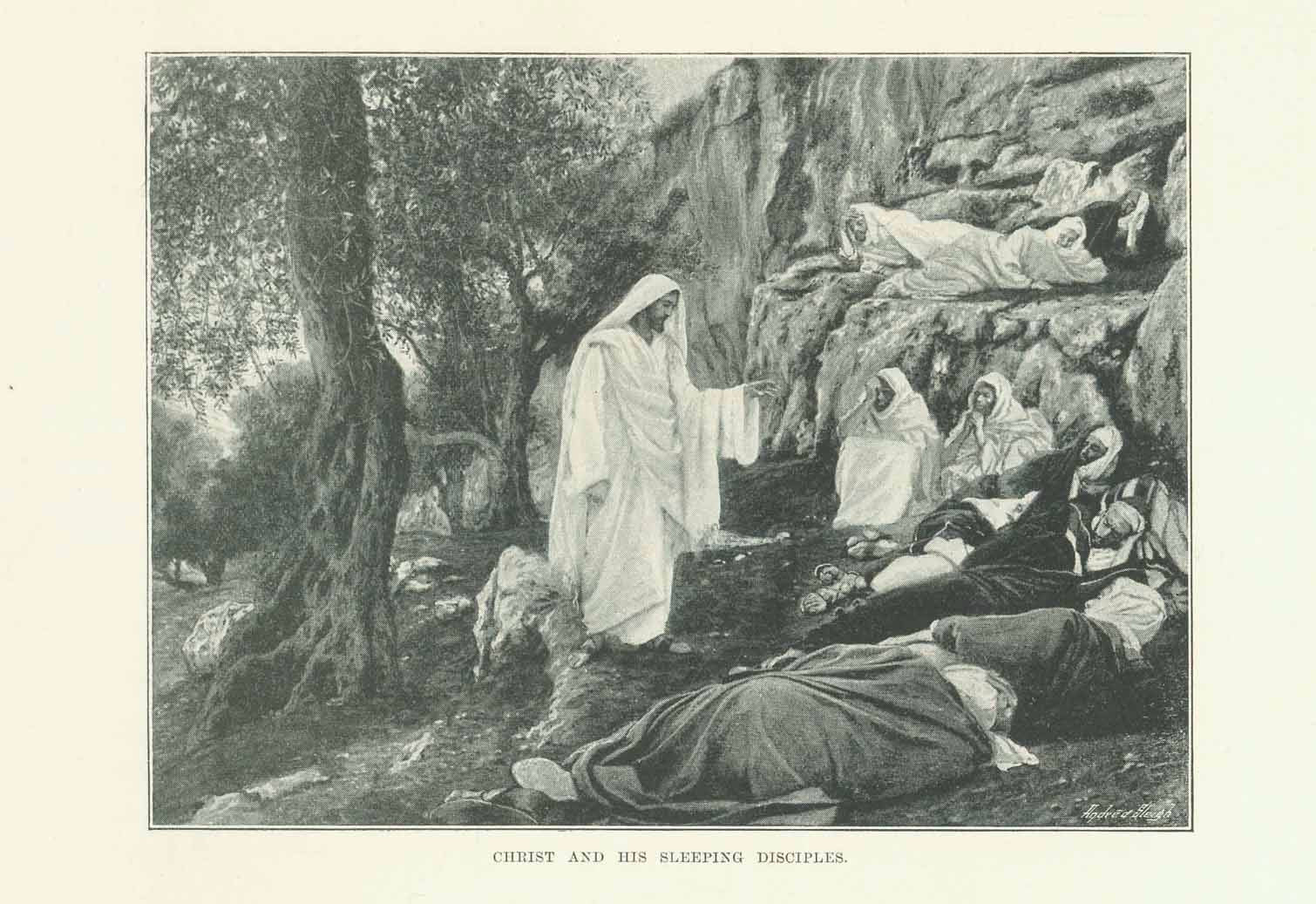 "Christ And His Sleeping Disciples"

Wood engraving published 1886. Reverse side is printed with text and
an image of the road from Gethsemane to the Mount of Ascension.

Original antique print&nbsp;&nbsp;