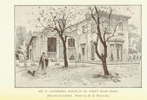 Original antique print  England London,  "Sir E. Landseer's House In St. John's Wood Road" (Recently demolished. Drawn by H. E. Tidmarsch)  Wood engraving published 1886. 