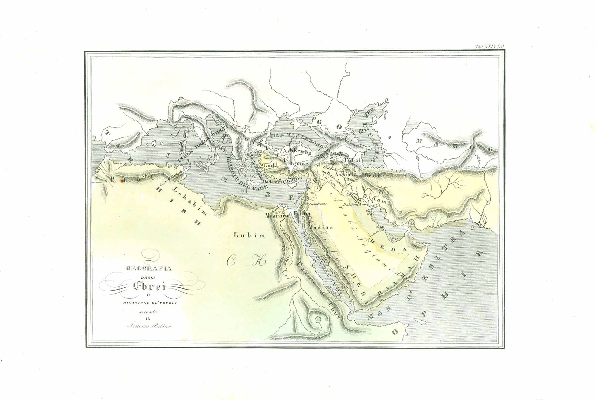 Original antique map "Geografia degli Ebrei o Divisione de Popoli secondo il Sistema Biblico"

For a 30% discount enter MAPS30 at chekout

Interesting map of the peoples living around the Mediterranean in Biblical Times.

Copper engraving map from "Atlante di Geografia Universale" by F. C. Marmocchi.

Published 1838 in Florence. Original hand colored toning.

