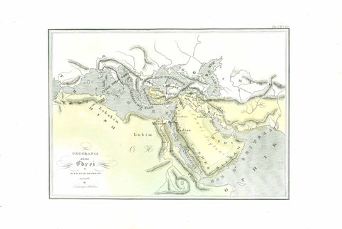 Original antique map "Geografia degli Ebrei o Divisione de Popoli secondo il Sistema Biblico"

For a 30% discount enter MAPS30 at chekout

Interesting map of the peoples living around the Mediterranean in Biblical Times.

Copper engraving map from "Atlante di Geografia Universale" by F. C. Marmocchi.

Published 1838 in Florence. Original hand colored toning.

