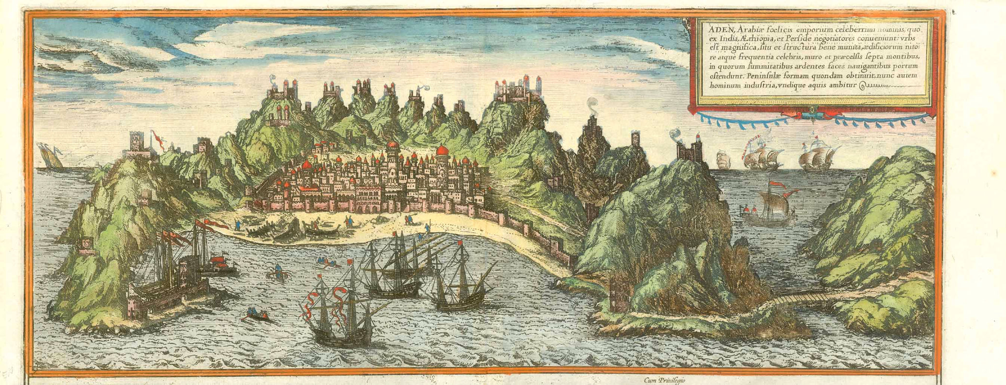 "Aden, Arabiae foelicis emporium celeberrimi nominis, quo ex India, Aethiopia, ..."

Port city Aden in Yemen.

Hand-colored copper engraving by Braun and Hogenberg, 1572.

Vertical centerfol that is almost invisible. Good condition.

Original antique print