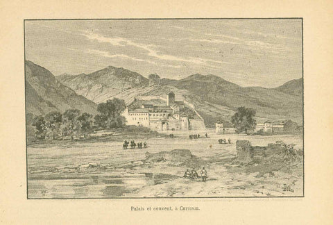 Original antique print  "Palais et Couvent, a Cettinje"  Montenegro,  Cettinje, Cetinje, Cnra Gora  Zincograph published ca 1890. Below the image and on the reverse  side of the page is text about Montenegro.