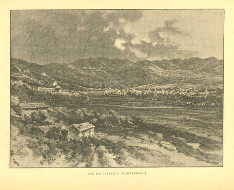 Original antique print  "Vue de Cettinje (Montenegro)"  Zincograph published ca 1890. On the reverse side is text about Bosnia and Herzegovina.