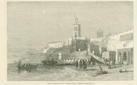 "Fort of Tanger"  Marocco  Wood engraving made after a sketch by H. J. Johnson. Dated 1860.  Original antique print  