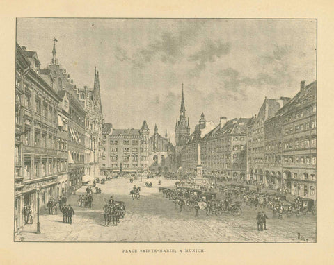 Antique print, "Place Sainte-Marie, A Munich"  Marienplatz  Zincograph published ca 1890.  Original antique print  