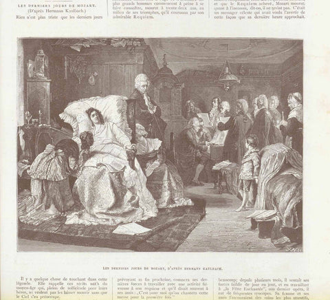 Original antique print  Portraits, Music, "Les Derniers Jours De Mozart"  Wood engraving made after Hermann Kaulbach. Published 1878. Above the image and below the image is text about the image that continues on the reverse side.