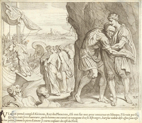     "Ulysse prend conge d'Alcinous, Roy des Pheaciens, il se met sur mer pour retourner en Ithaque."  Woodcut by Theodre van Thulden (1606-1669). In the lower right corner are the initials TvT of van Thulden. In the background is the ship prepared by the Faiaken to sail Odysseus to Ithaca. Published ca 1633.  Original antique print  