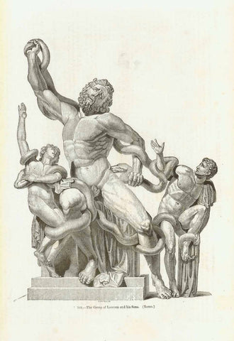 Original antique print  Mythology, Mythologie, Laocoon, Laocoon,  Rom, Roma, Trojanischer Prister, Apollon Thymbraios, Poseidon, "The Group of Laocoon and his Son" (Rome)"  Wood engraving published ca 1880. 