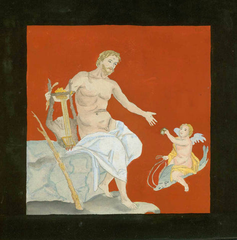 Original antique print  Apollo, Olympian Greek mythological deity, among many attributed responsibilities, is the also God of music and dance. He is often depicted with his Lyra or playing it. Here is sitting on a rock, reaching out to a winged putto handing him a gift.  Copper etching hand-colored and gouached with Pompeian red, surrounded by velvety black gouache color.