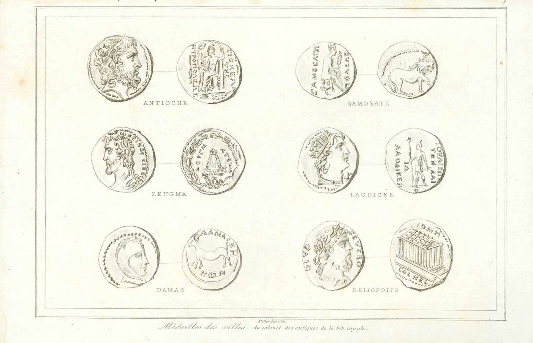 Original antique print  of ancient coins, "Medailles des villes du cabinet des antiques de la bib. royale" "Antioche, Samosate, Zeugma, Laodicee, Damas, Heliopolis"  Steel engraving by Lemaitre ca 1850.  Original antique print  