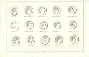 Original antique print  of ancient coins Ancient World, Coins, Numismatics, Syria, Seleucus I, Antiochus I, Antiochus II, Seleucus II, Antiochus III,