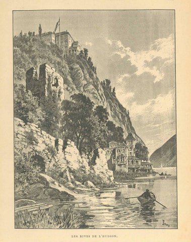 "Les Rives de L'Hudson"  Landscapes, USA, New York, Hudson River  Zincograph published ca 1890.  Original antique print  