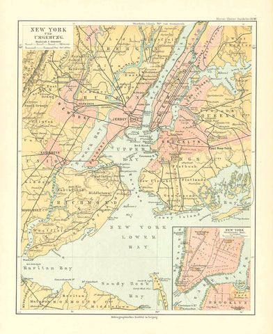 Antique map showing "New York Und Umgebung"  For a 30% discount enter MAPS30 at chekout   Map published 1892 showing New York City and the surrounding area. In the lower right corner is an inset showing Manhatten and Brooklyn.