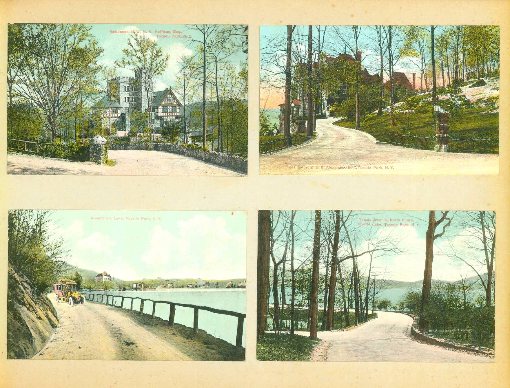 4 Postcards of Tuxedo Park in New York  The postcard on the upper left shows the residence of W. M. V. Hoffman. Esq. The postcard on the upper right shows the residence of C. B. Alexander. Esq.  The four postcards are originally mounted on strong paper. From a scrapbook ca 1905.  Original antique postcards